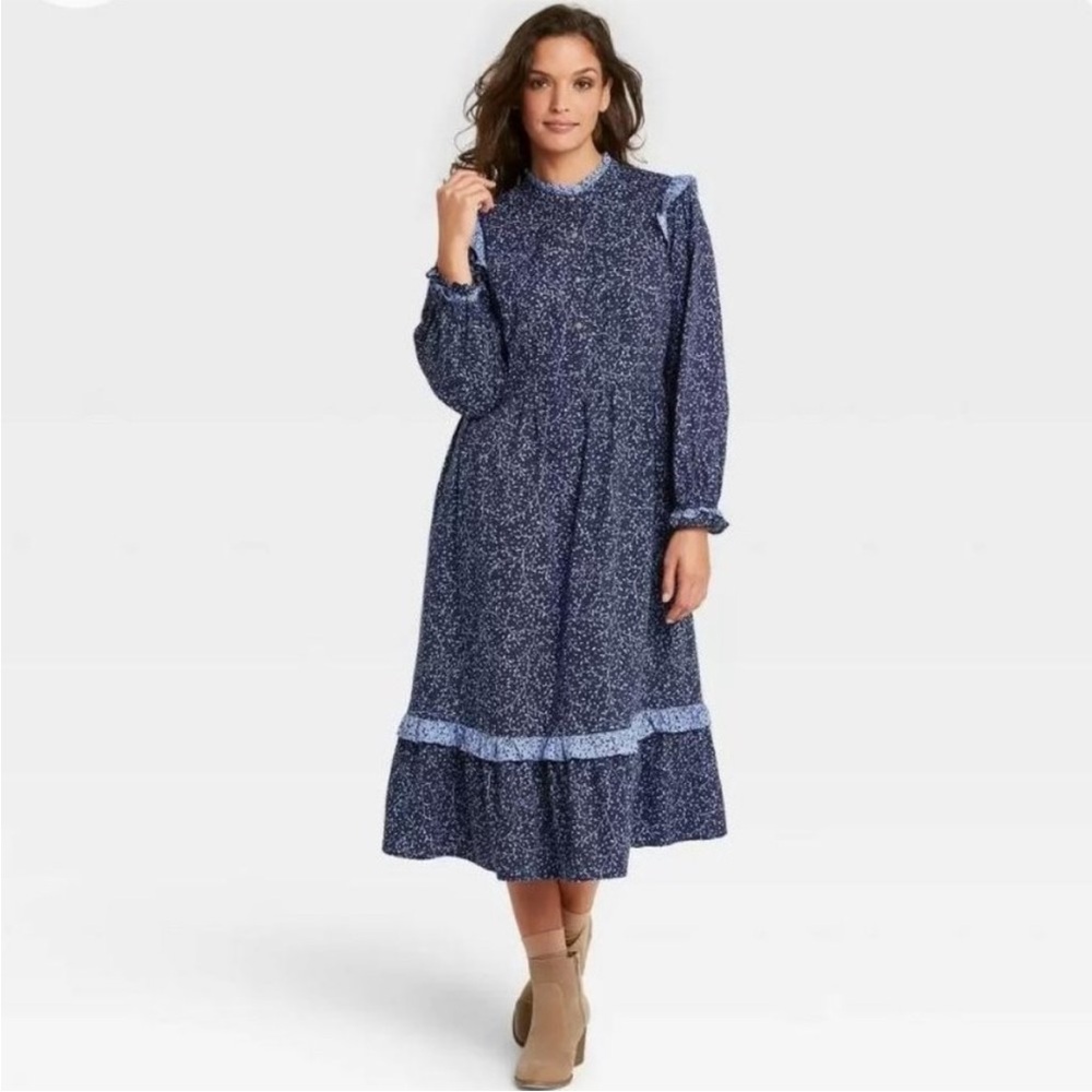 Women's leaf Print Balloon Long Sleeve Ruffle Dress. NWT. XS